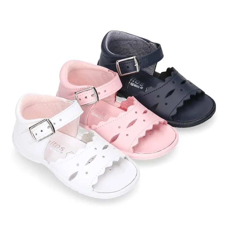 Sandalia Niña peque en piel lavable con ondas y suela SUPER FLEXIBLE.