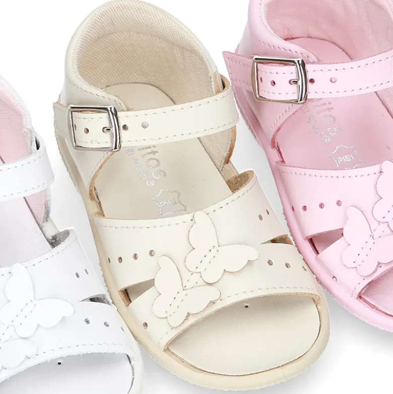 Sandalia Niña peque en piel lavable con MARIPOSAS y suela SUPER FLEXIBLE.