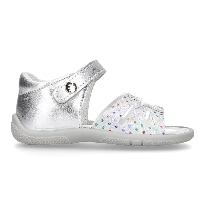 Sandalia Niña peque en piel metalizada con ESTRELLAS y cierre adherente con suela SUPER FLEXIBLE.