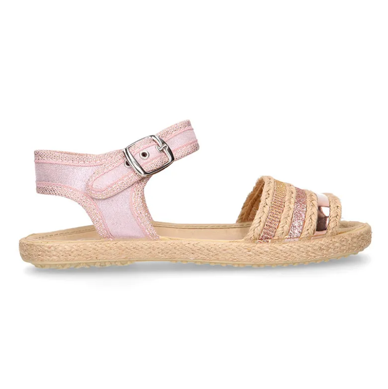 Sandalia niña tipo alpargata con hebilla en lona con diseño con brillos.