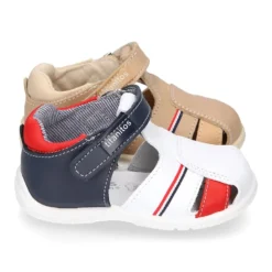 Sandalia Niño peque combinada en piel lavable con cierre adherente y suela SUPER FLEXIBLE.
