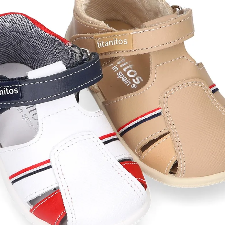 Sandalia Niño peque combinada en piel lavable con cierre adherente y suela SUPER FLEXIBLE.