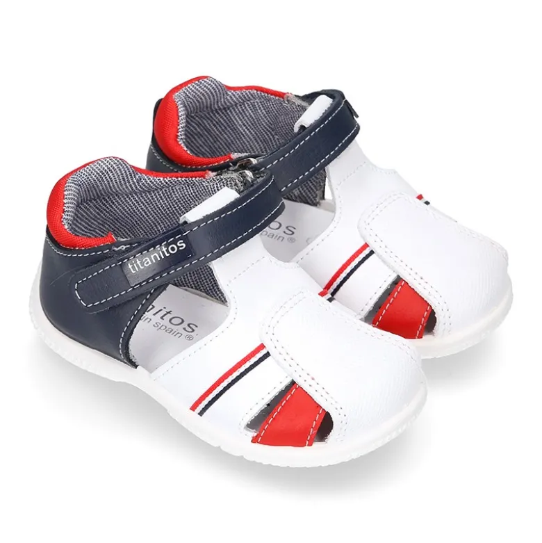 Sandalia Niño peque combinada en piel lavable con cierre adherente y suela SUPER FLEXIBLE.