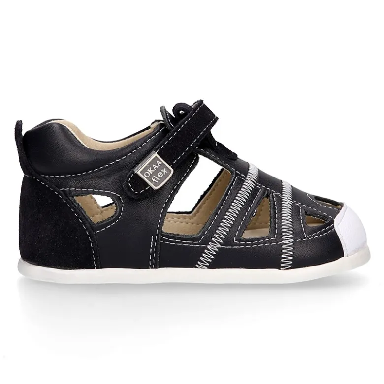 Sandalia niños OKAA FLEX sin cordones en Piel Napa combinada con piel serraje.