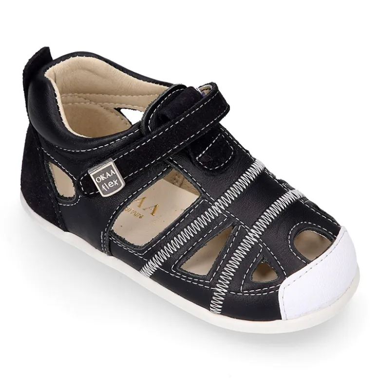 Sandalia niños OKAA FLEX sin cordones en Piel Napa combinada con piel serraje.