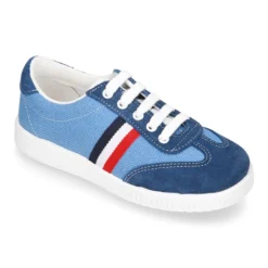 Tenis niño combinado en lona y serraje con cordones.