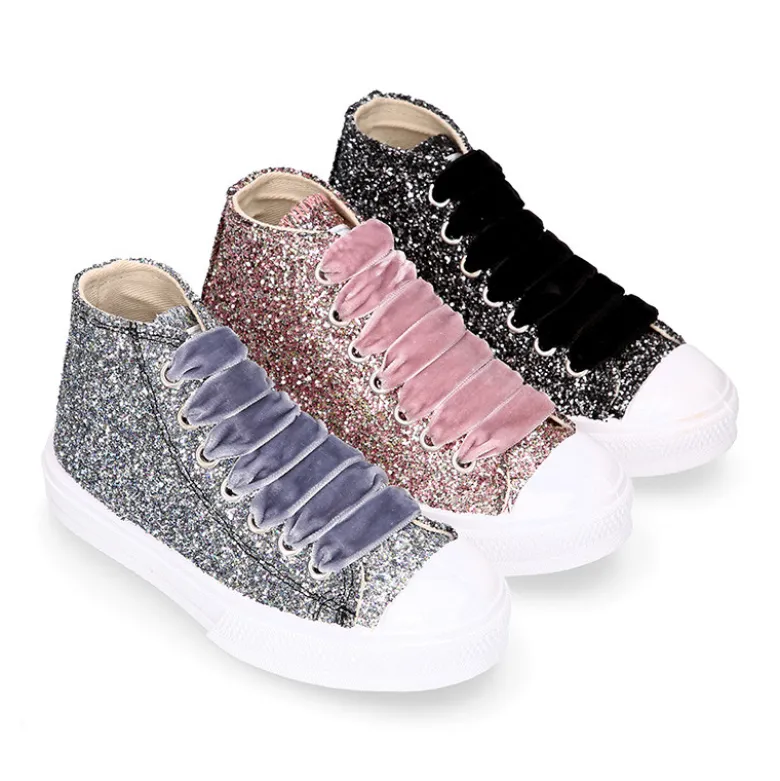 Zapatilla alta niña Glitter con puntera y cordones de terciopelo