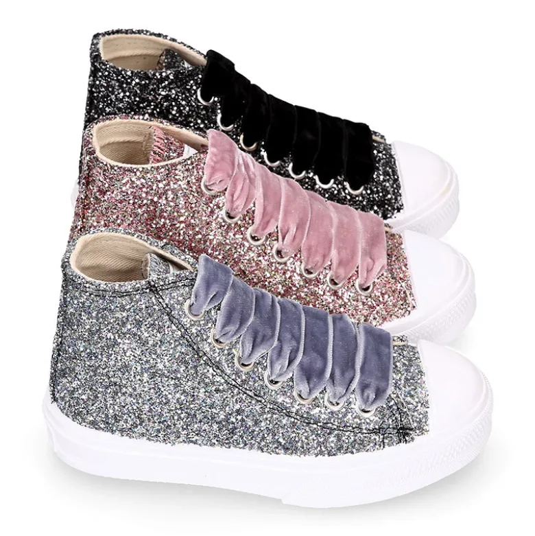 Zapatilla alta niña Glitter con puntera y cordones de terciopelo