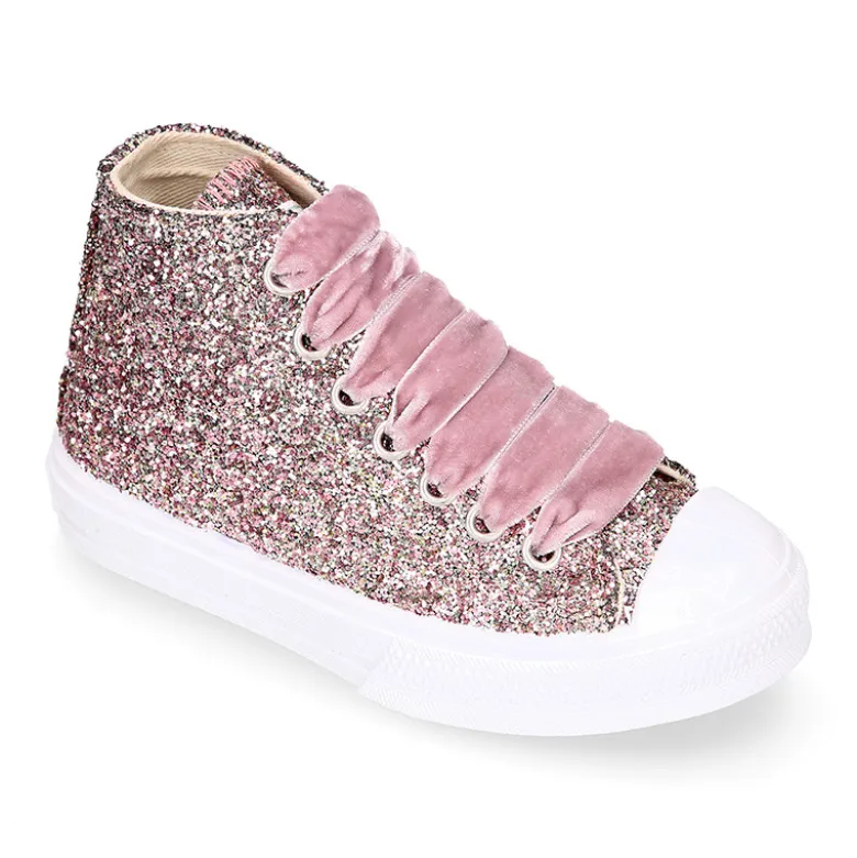 Zapatilla alta niña Glitter con puntera y cordones de terciopelo