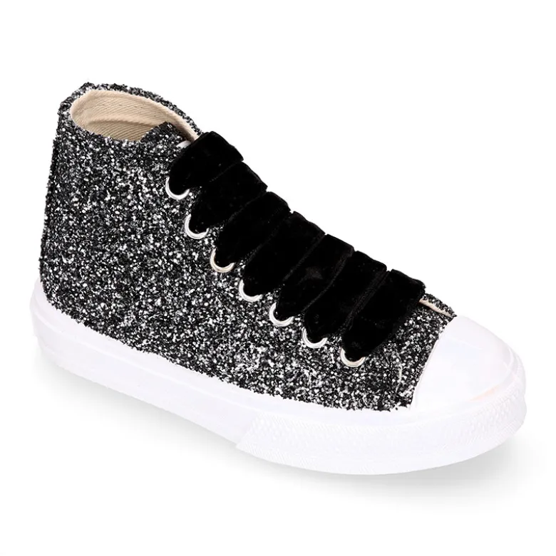 Zapatilla alta niña Glitter con puntera y cordones de terciopelo