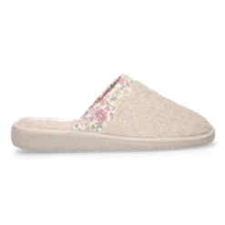 Zapatilla casa niña destalonada en lona toalla con FLORES.