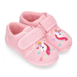 Zapatilla casa niña unicornio con cierre adherente en algodón toalla