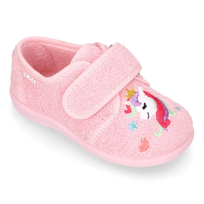 Zapatilla casa niña unicornio con cierre adherente en algodón toalla