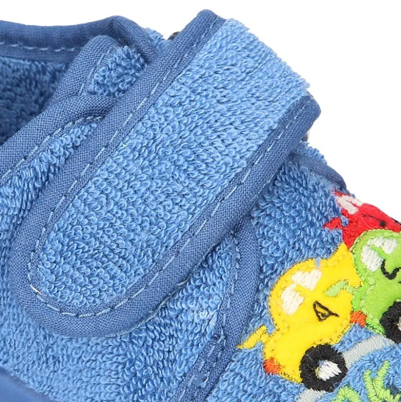 Zapatilla casa niños COCHES con cierre adherente en algodón toalla.