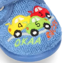 Zapatilla casa niños COCHES con cierre adherente en algodón toalla.