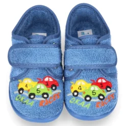 Zapatilla casa niños COCHES con cierre adherente en algodón toalla.
