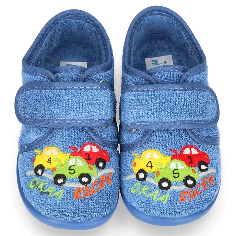 Zapatilla casa niños COCHES con cierre adherente en algodón toalla.