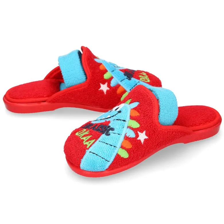 Zapatilla casa niños DINOSAURIO con elástico en toalla.