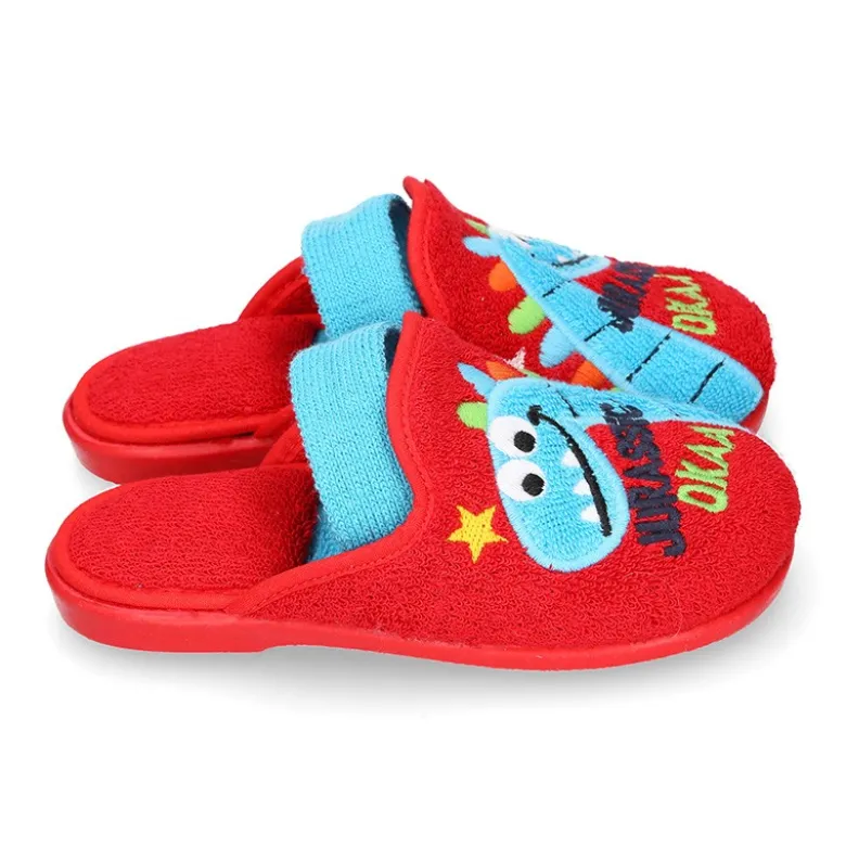 Zapatilla casa niños DINOSAURIO con elástico en toalla.