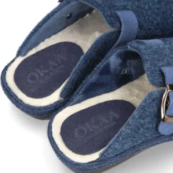 Zapatilla casa niños OKAA ZUECO en lana JEANS con hebilla.