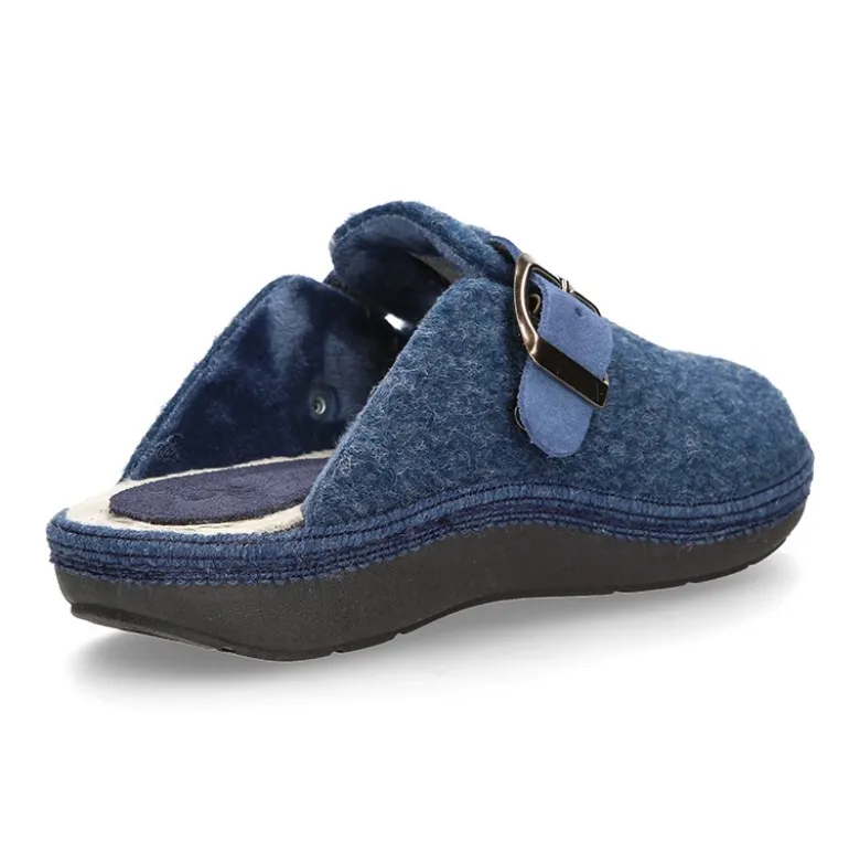 Zapatilla casa niños OKAA ZUECO en lana JEANS con hebilla.