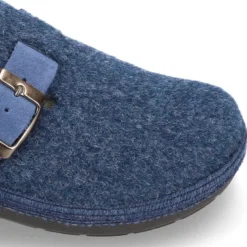 Zapatilla casa niños OKAA ZUECO en lana JEANS con hebilla.