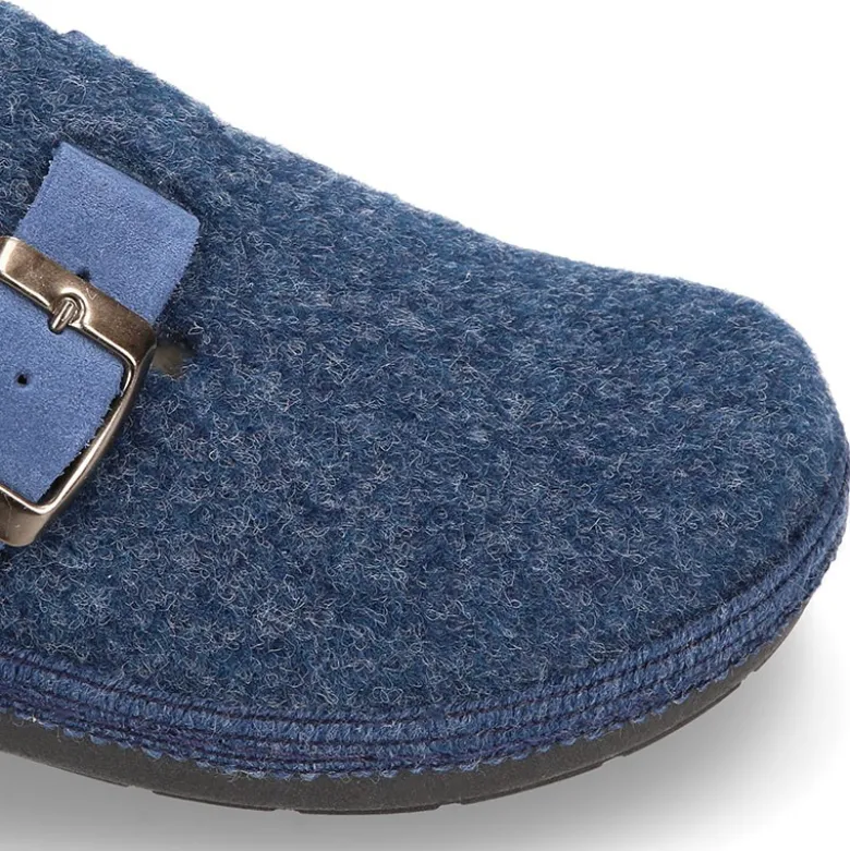 Zapatilla casa niños OKAA ZUECO en lana JEANS con hebilla.