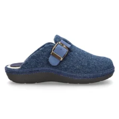Zapatilla casa niños OKAA ZUECO en lana JEANS con hebilla.