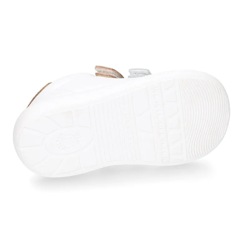 Zapatilla colegial niños peques OKAA sin cordones en piel napa blanca combinada.