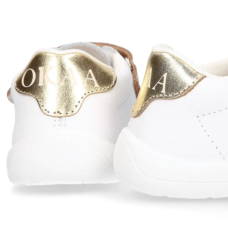 Zapatilla colegial niños peques OKAA sin cordones en piel napa blanca combinada.