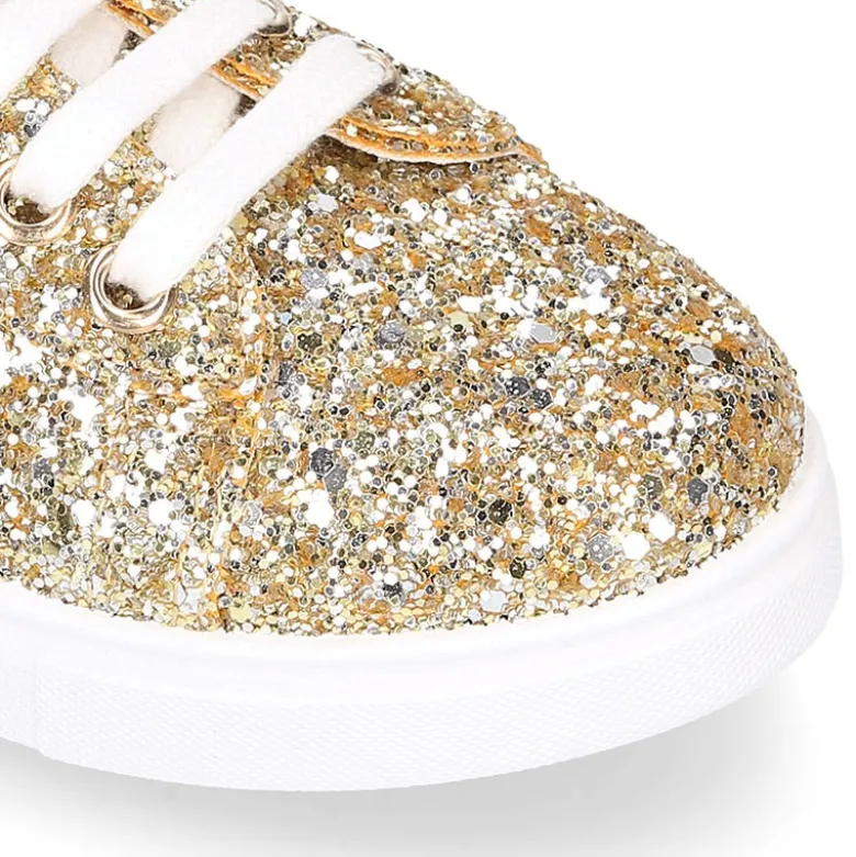 Zapatilla niña OKAA con cordones en piel con GLITTER.