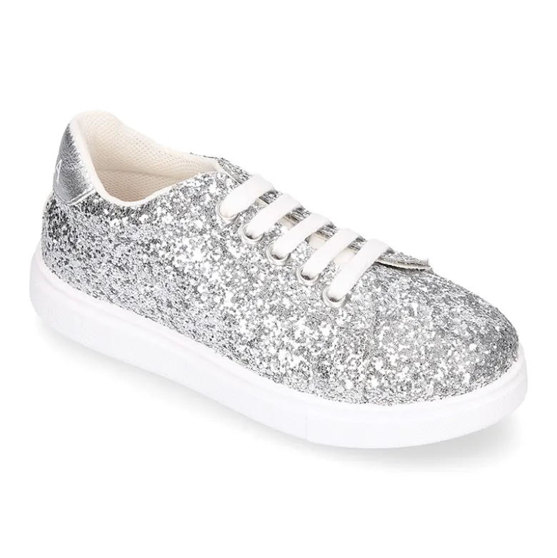 Zapatilla niña OKAA con cordones en piel con GLITTER.