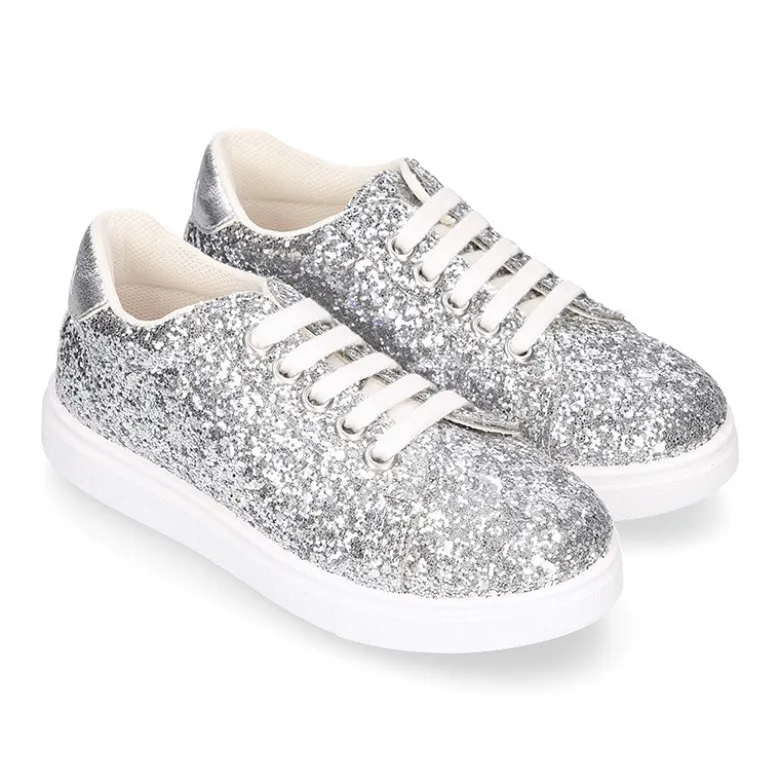 Zapatilla niña OKAA con cordones en piel con GLITTER.