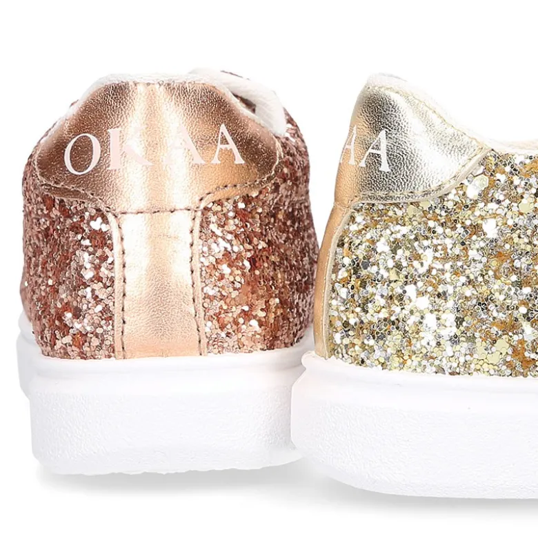 Zapatilla niña OKAA con cordones en piel con GLITTER.