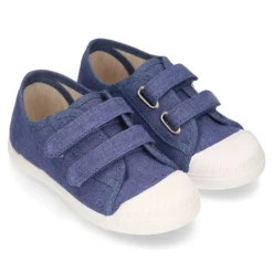 Zapatilla niño con puntera y sin cordones en lona piqué algodón en color JEANS.