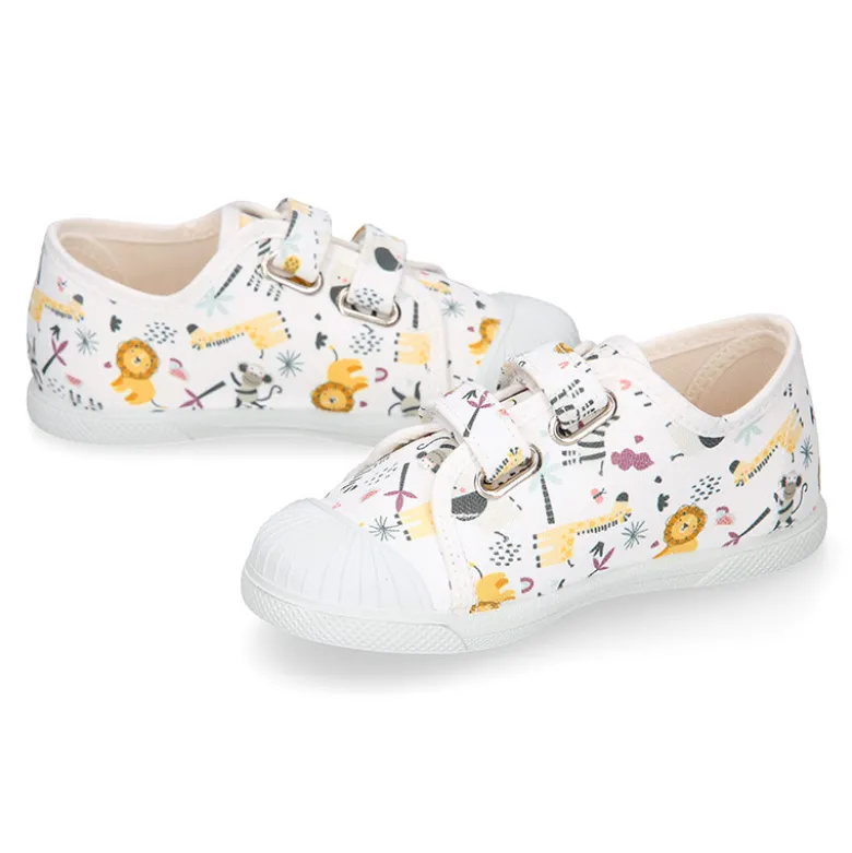 Zapatilla niño sin cordones en lona algodón estampado SELVA y puntera.
