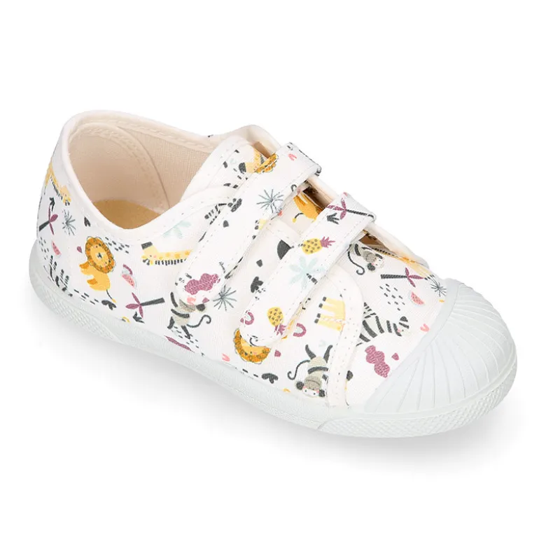 Zapatilla niño sin cordones en lona algodón estampado SELVA y puntera.
