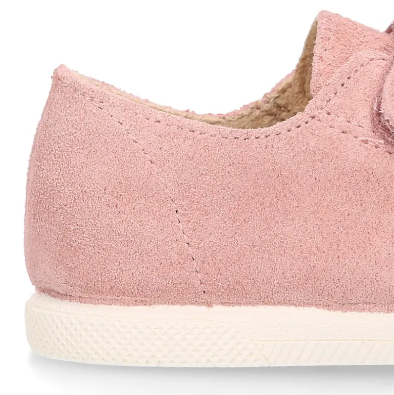 Zapatilla niños tipo bamba sin cordones y puntera en piel serraje ROSA.