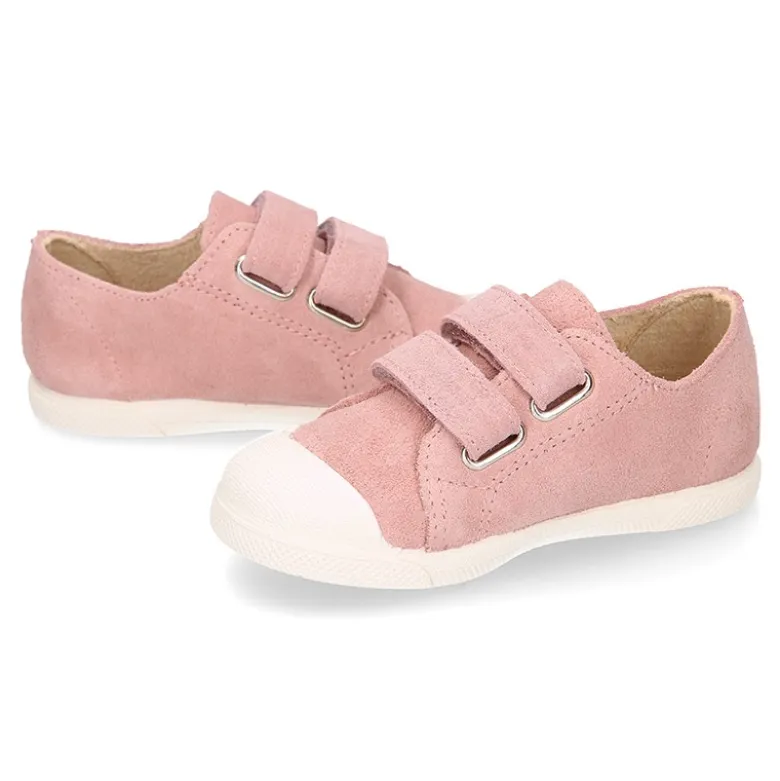 Zapatilla niños tipo bamba sin cordones y puntera en piel serraje ROSA.