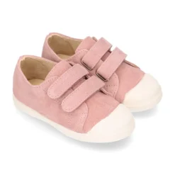 Zapatilla niños tipo bamba sin cordones y puntera en piel serraje ROSA.