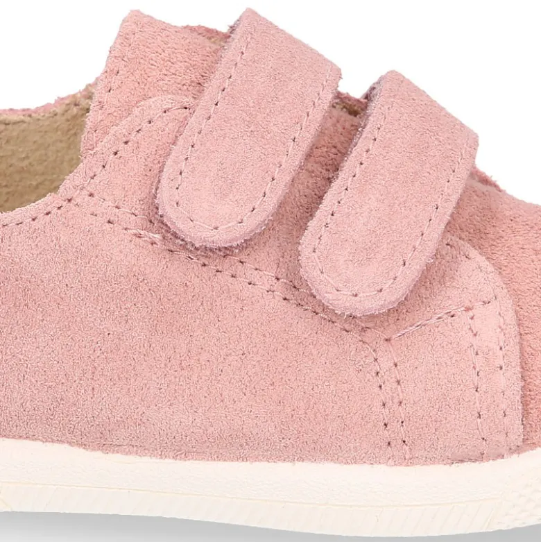 Zapatilla niños tipo bamba sin cordones y puntera en piel serraje ROSA.