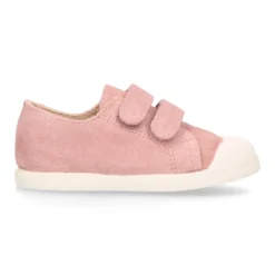 Zapatilla niños tipo bamba sin cordones y puntera en piel serraje ROSA.