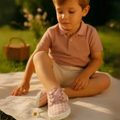 Zapatilla o Bamba niños en lona con CUADROS y lazo.