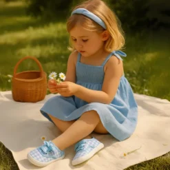 Zapatilla o Bamba niños en lona con CUADROS y lazo.