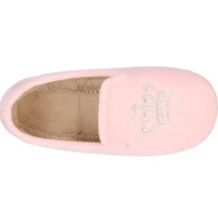 Zapatillas de casa niña en lana rosa con bordado corona plata.
