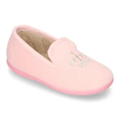 Zapatillas de casa niña en lana rosa con bordado corona plata.