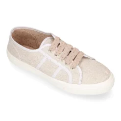 Zapatilla tipo bamba con cordones en lona lino metalizado.
