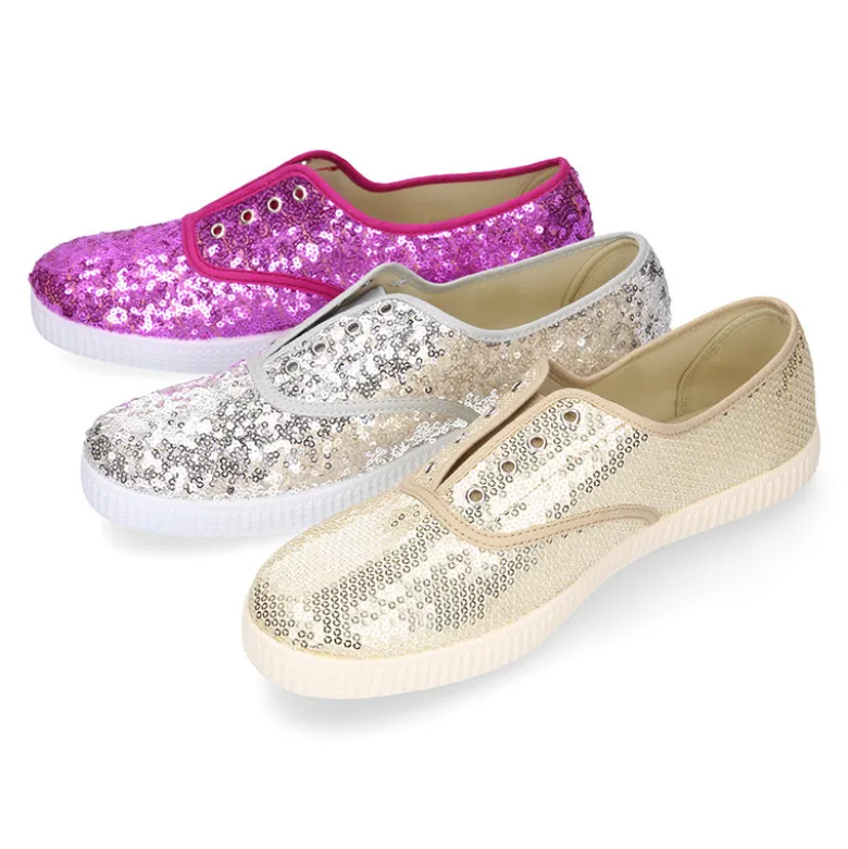 Zapatilla tipo bamba con elástico en lona con LENTEJUELAS.