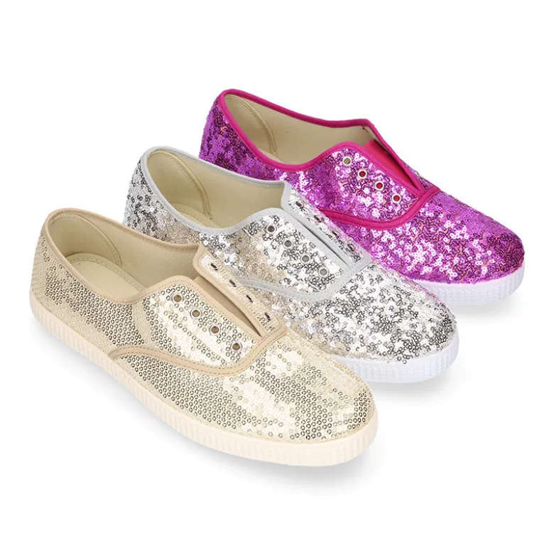 Zapatilla tipo bamba con elástico en lona con LENTEJUELAS.