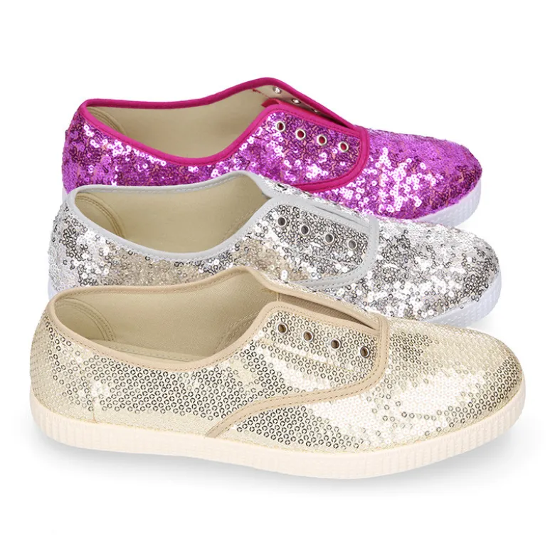 Zapatilla tipo bamba con elástico en lona con LENTEJUELAS.